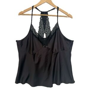 Ambrielle Black Satin Lace Trim Cami Size XXL V-Neck Racerback Y2K Fairy Goth
